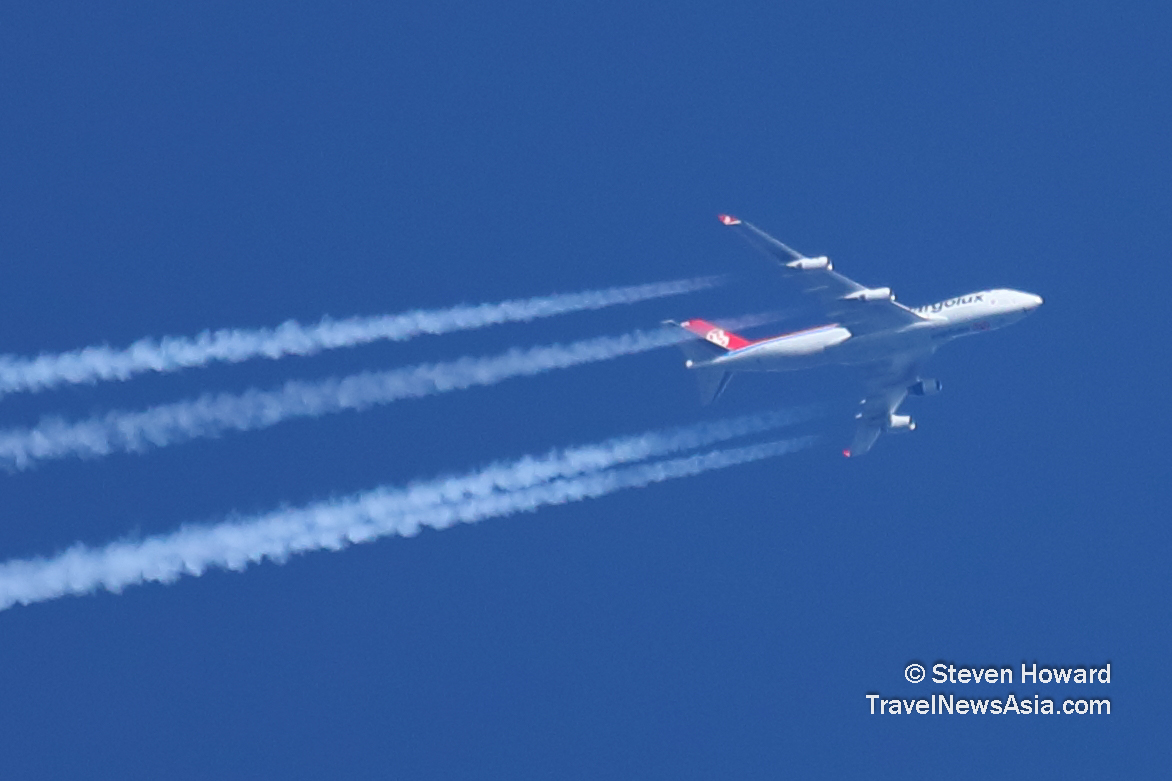 Cargolux B747F flying between HSV and LUX at 35,000 feet. Reg: LX-ICL. Picture by Steven Howard of TravelNewsAsia.com Click to enlarge.