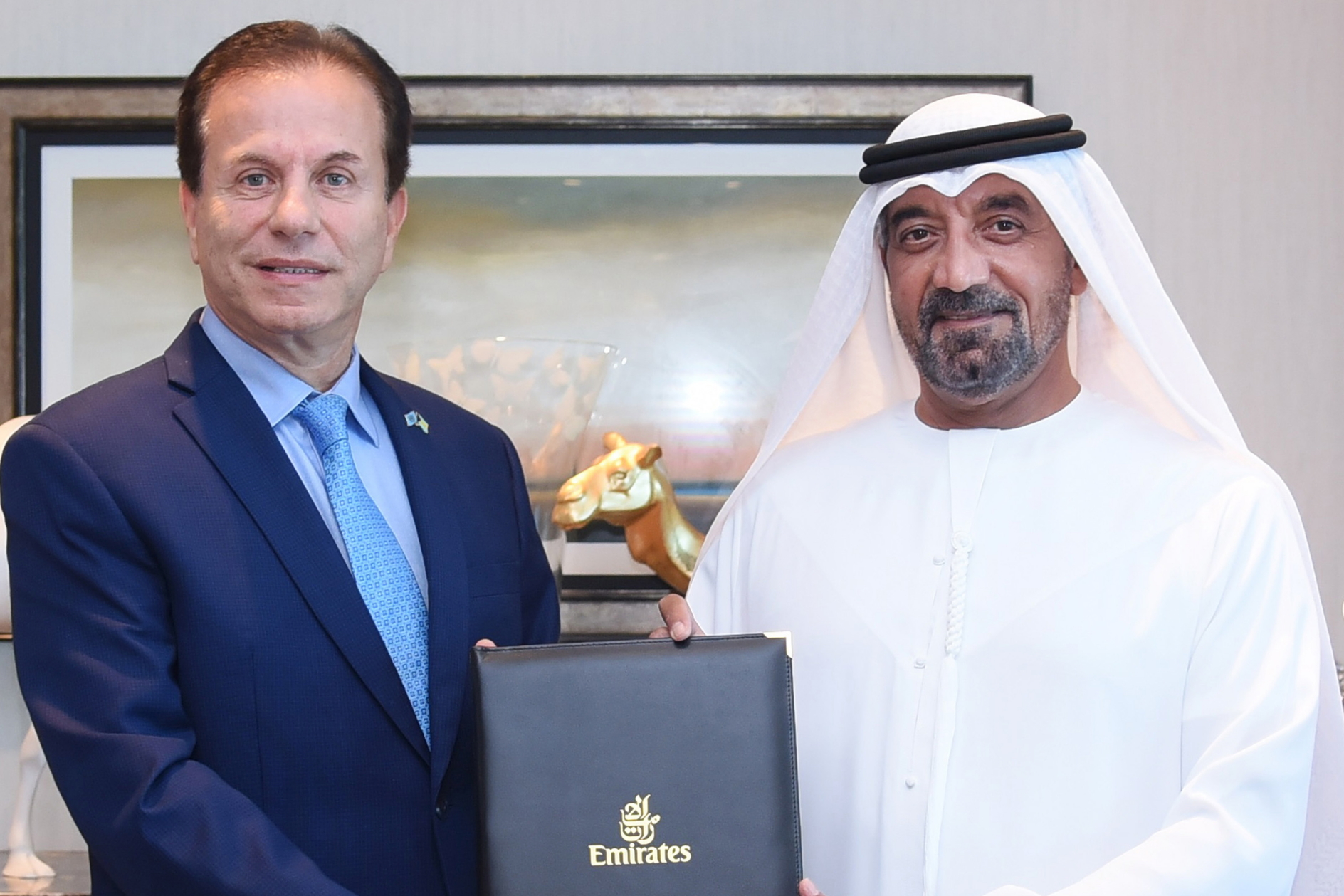 HE Tony Joudi, Ambassador of Bahamas to the UAE and State of Qatar (left) with His Highness Sheikh Ahmed bin Saeed Al Maktoum, Chairman and Chief Executive, Emirates Airline & Group. Click to enlarge.