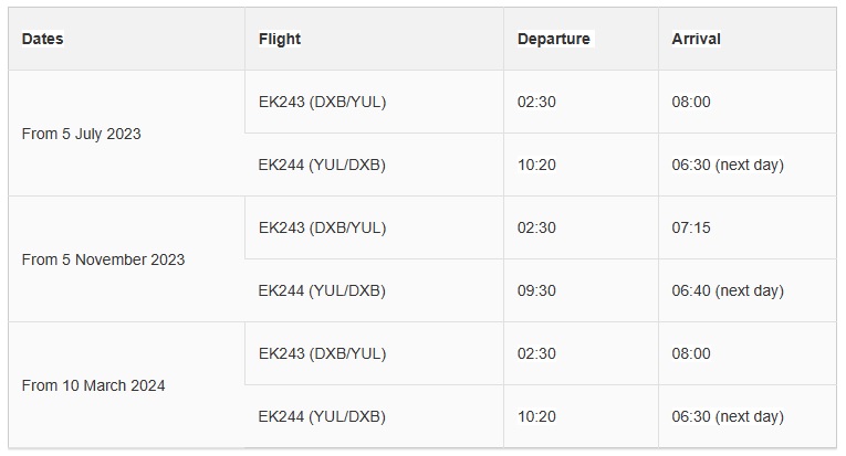 Emirates DXB - YUL Schedule