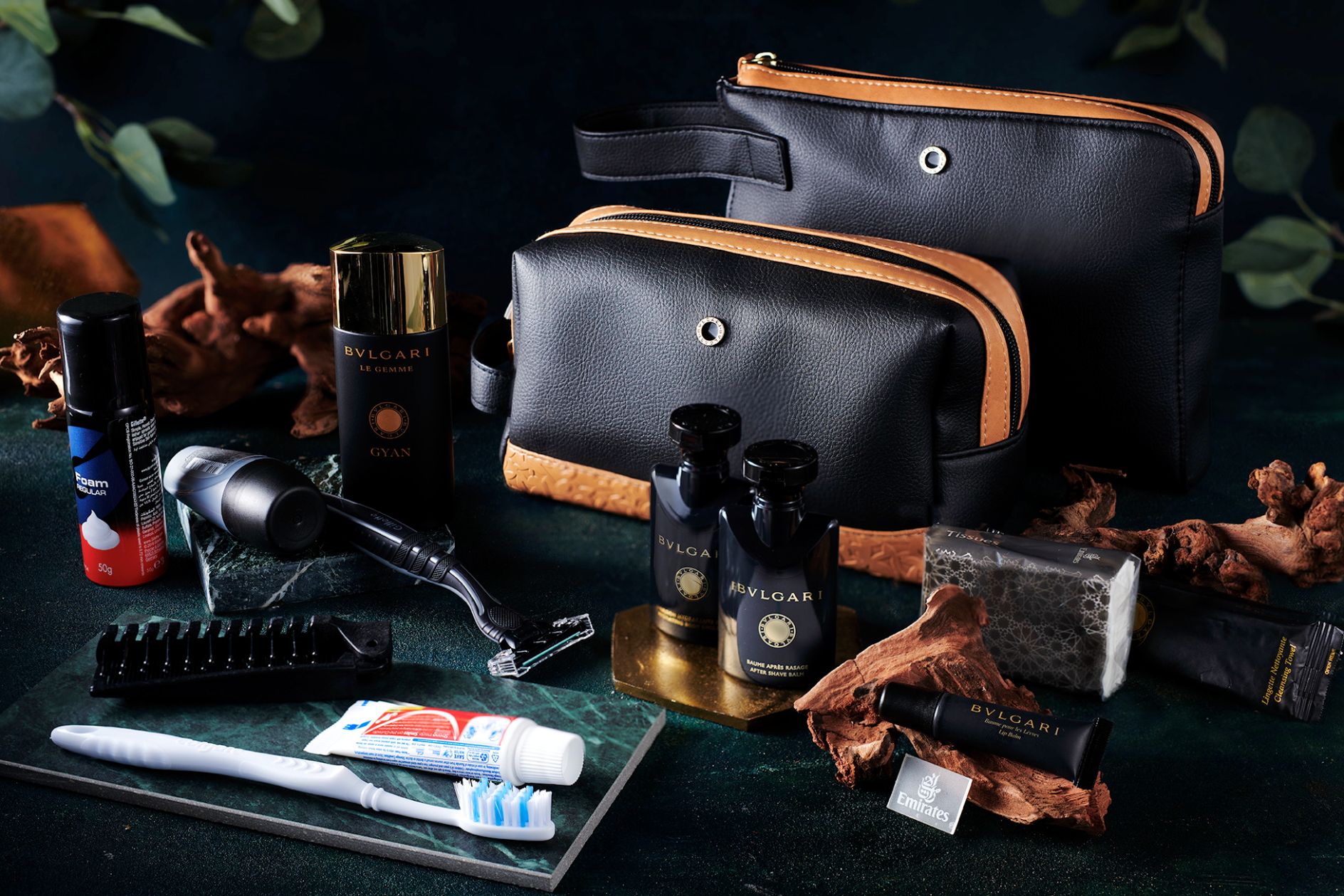 Emirates' new First Class Bvlgari amenity kits. Click to enlarge.