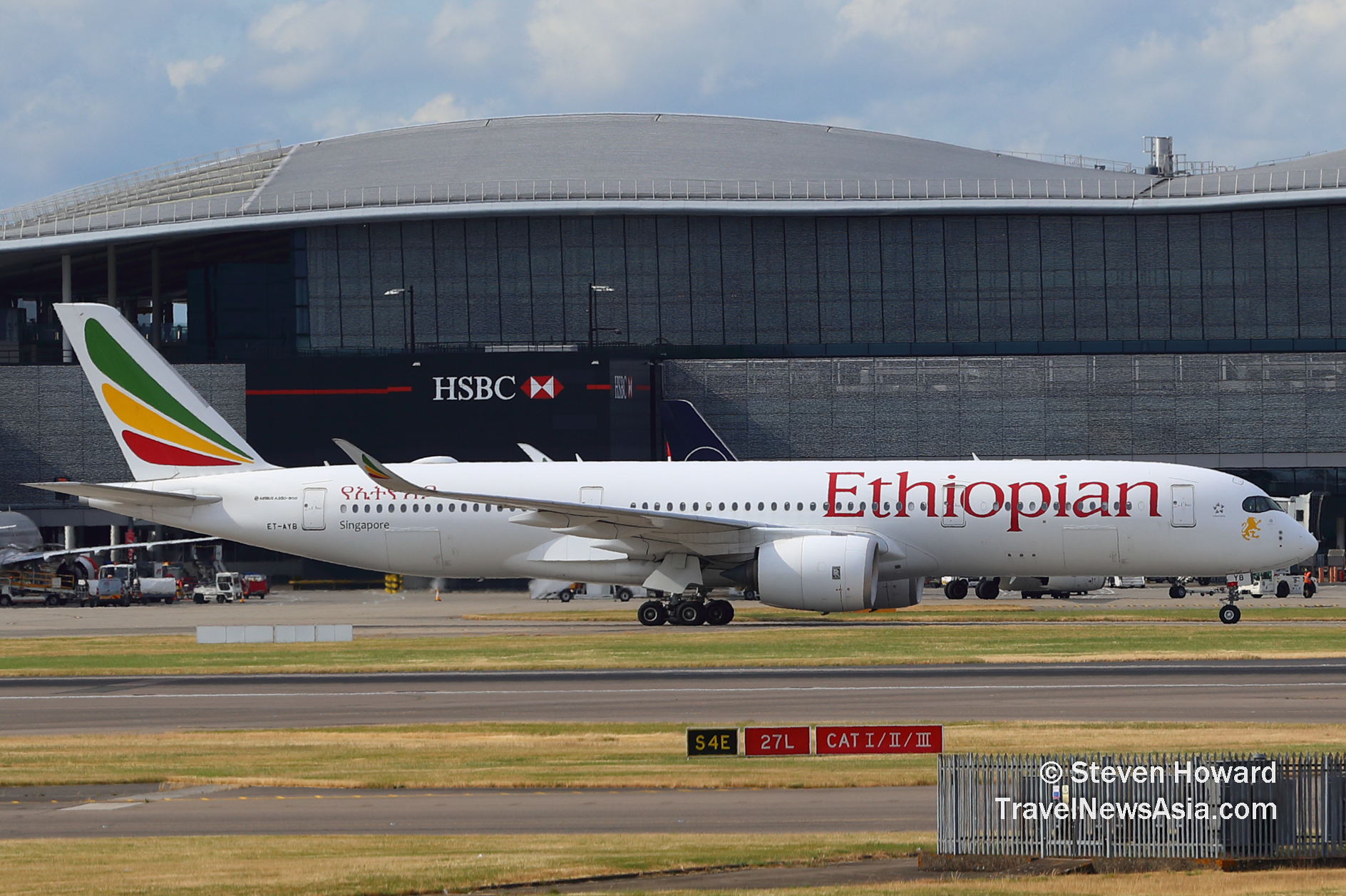 Ethiopian Airlines Airbus A350-900 reg: ET-AYB. Picture by Steven Howard of TravelNewsAsia.com Click to enlarge.