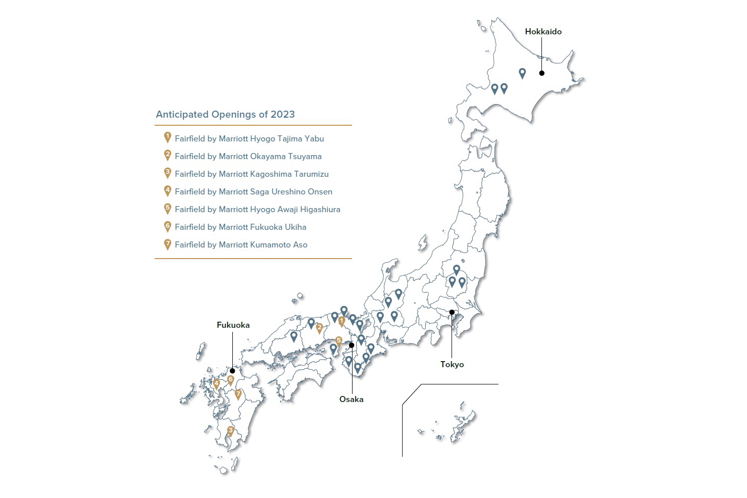 The seven new Fairfield by Marriott hotels in 
			  Japan, scheduled to open in 2023