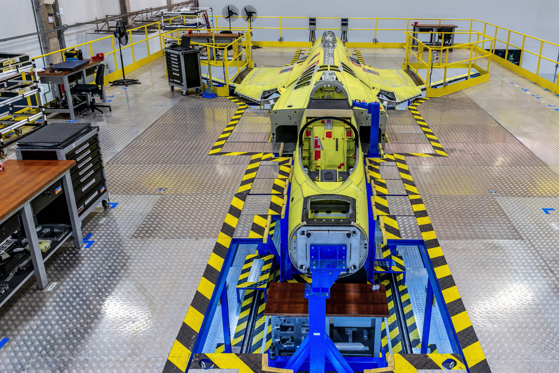 Saab's Gripen E production line at Embraer's plant in Gavião Peixoto, São Paulo, Brazil. Click to enlarge.