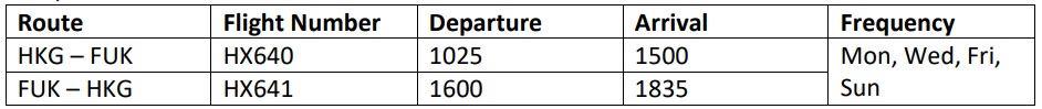 Hong Kong Airlines' flight schedule between Hong Kong and Fukuoka, Japan