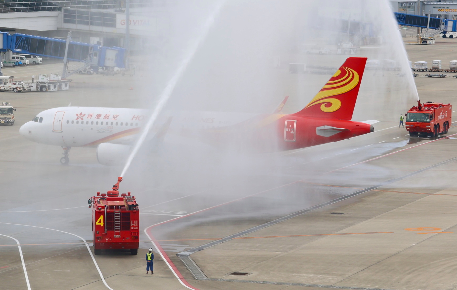 Hong Kong Airlines was greeted to NGO by a traditional water cannon salute. Click to enlarge.