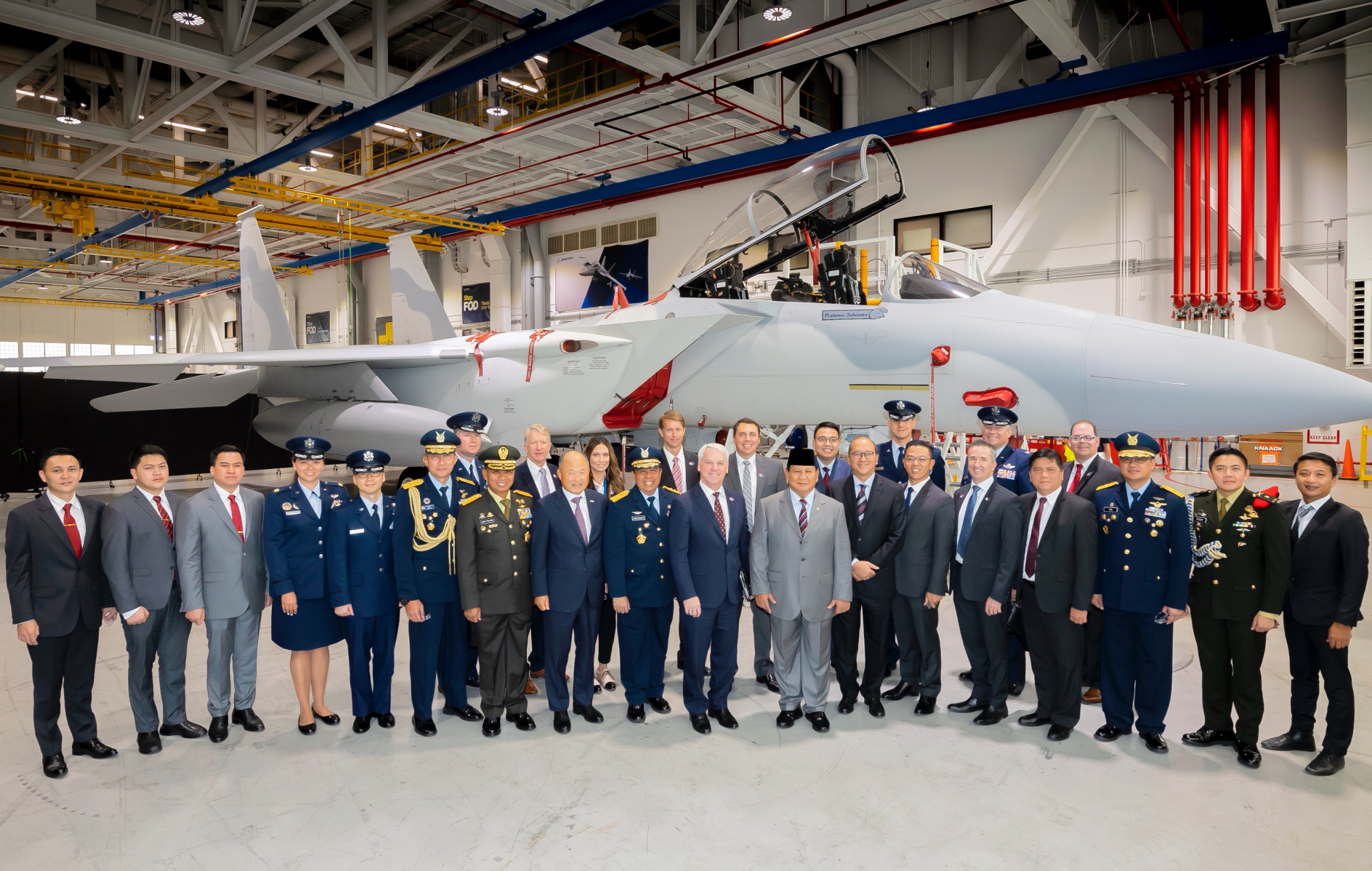 Republic of Indonesia delegation, led by Minister of Defense Prabowo Subianto (center), on a visit to Boeing's F-15EX facilitiy in St. Louis. Picture: Boeing Click to enlarge.