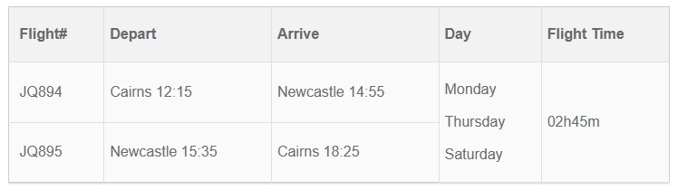 Jetstar Cairns - Newcastle Schedule
