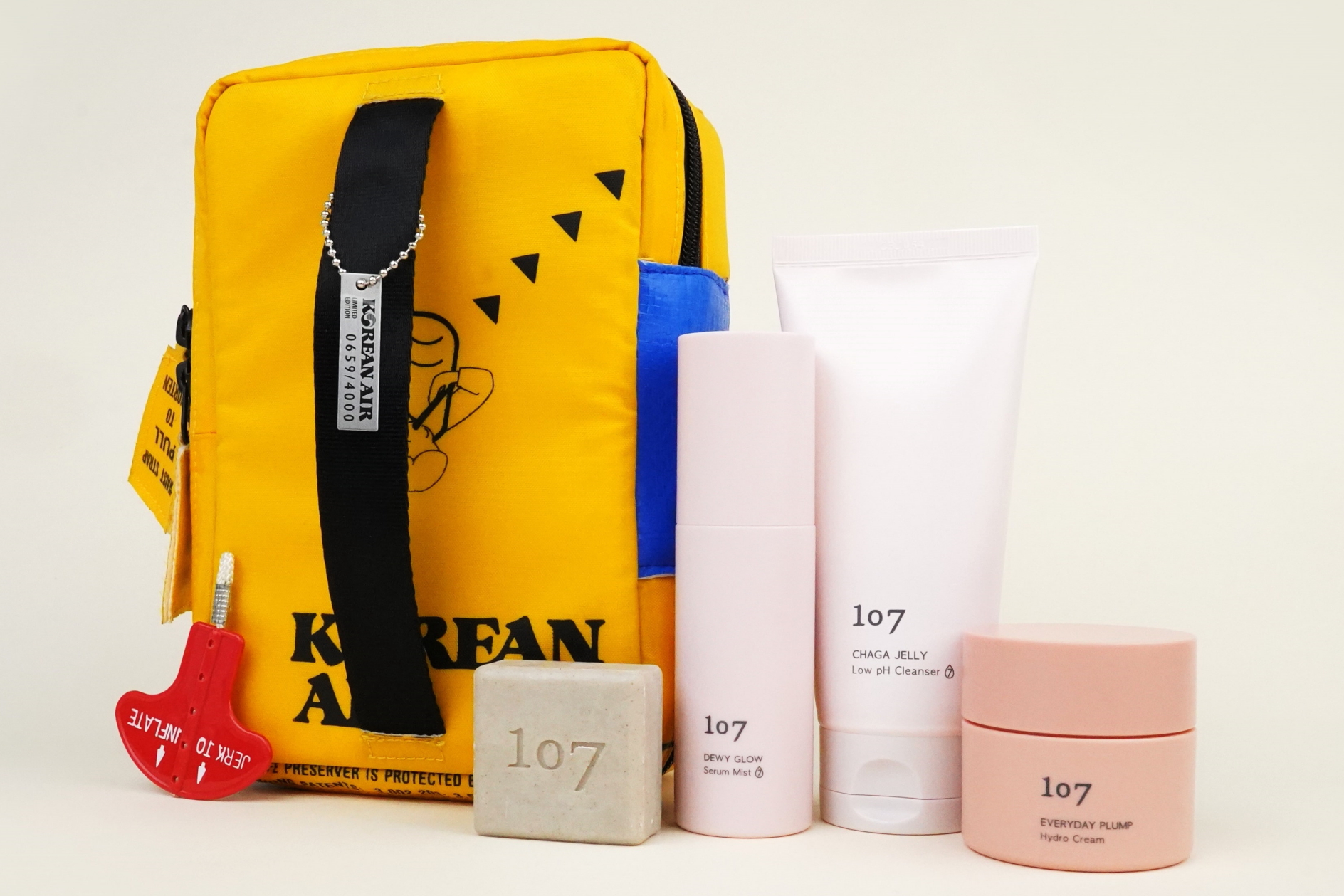 Korean Air has produced cosmetic pouches from retired life vests. Click to enlarge.