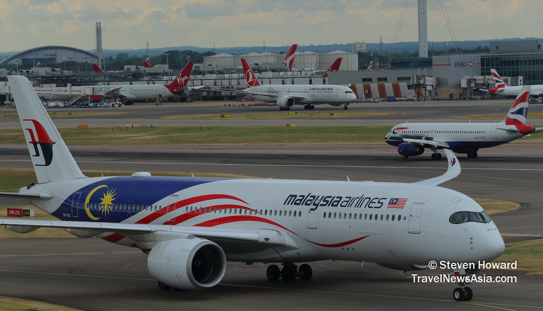 Malaysia Airlines A350 reg: 9M-MAC at LHR in June 2023. Picture by Steven Howard of TravelNewsAsia.com Click to enlarge.