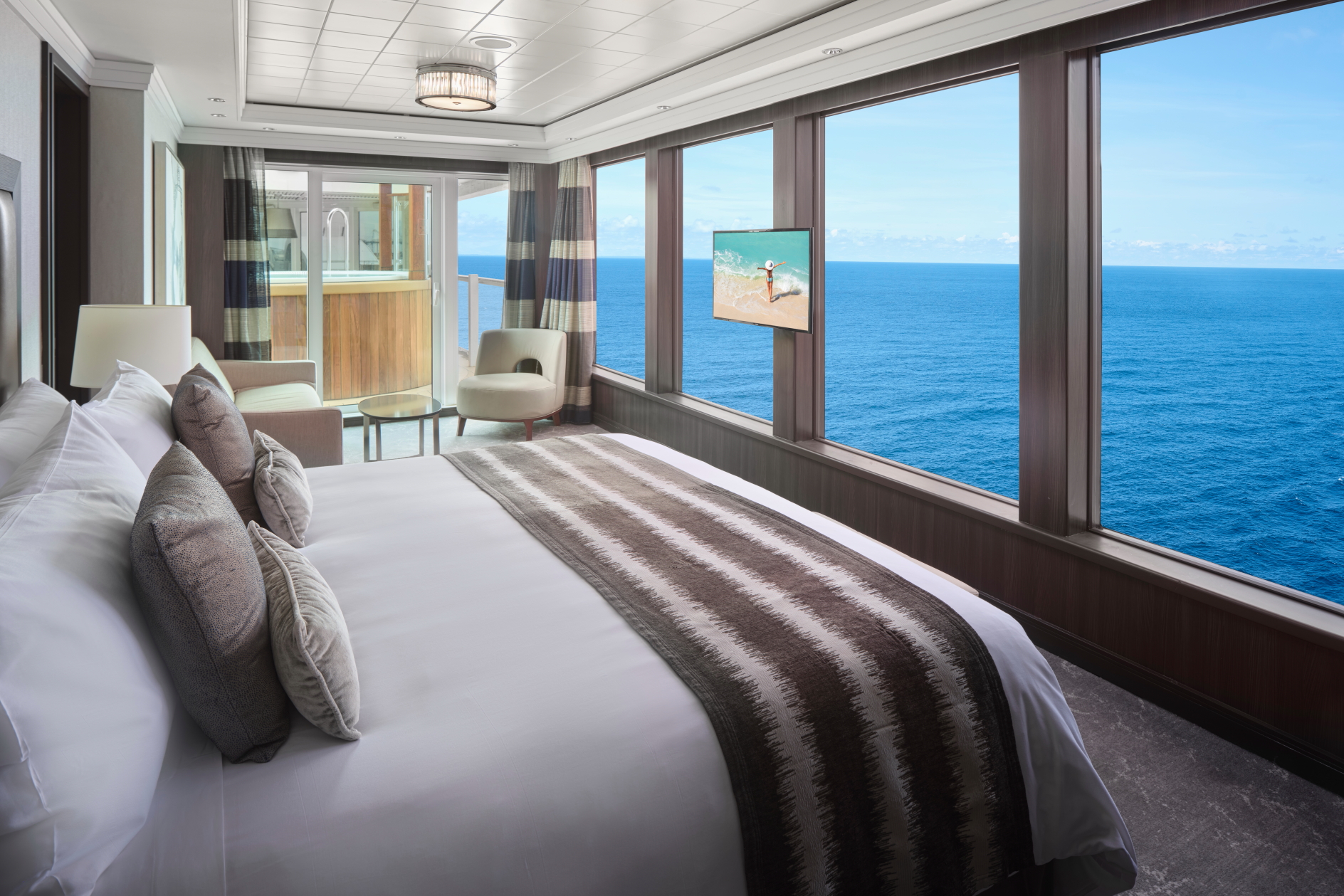 Luxury at sea! Master Suite of a 3-bedroom Haven Garden Villa Suite on NCL Jewel Click to enlarge.