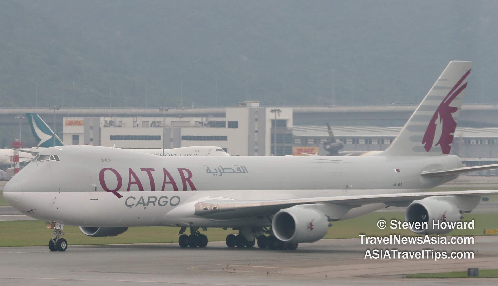 Qatar Airways B747-8F reg: A7-BGA at HKIA. Picture by Steven Howard of TravelNewsAsia.com Click to enlarge.