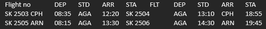 SAS'CPH-AGA and ARN-AGA Schedule