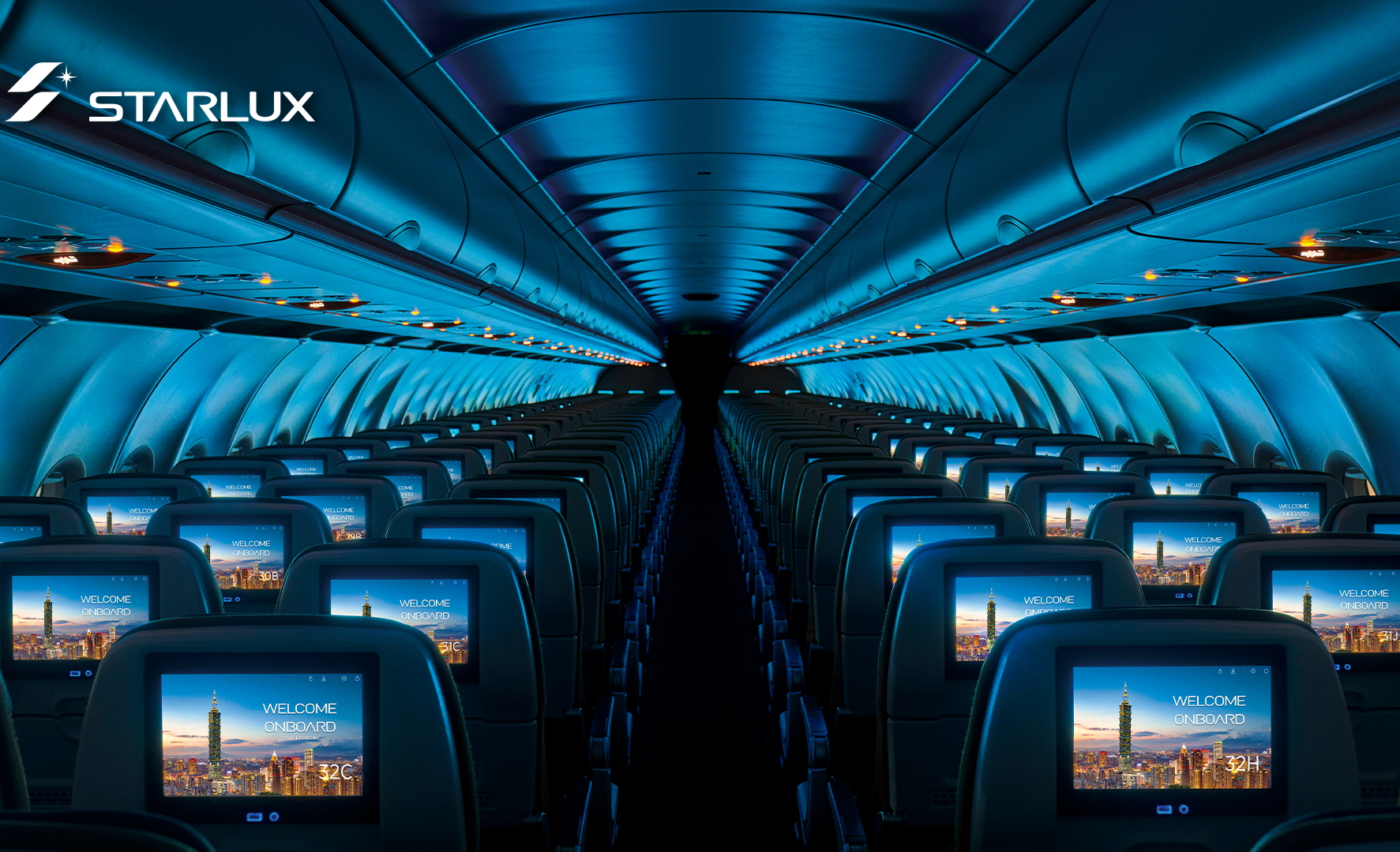 Economy Class Mood Lighting on a Starlux Airlines Airbus A321neo. Click to enlarge.