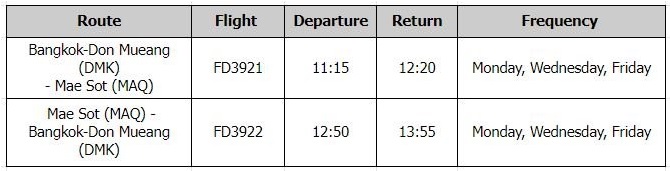 Thai AirAsia's Flight Schedule for Bangkok Don Mueang - Mae Sot (Tak)