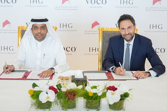 HE Waleed Al Sayegh, CEO of Sharjah Asset Management (left), with IHG's Haitham Mattar. Click to enlarge.