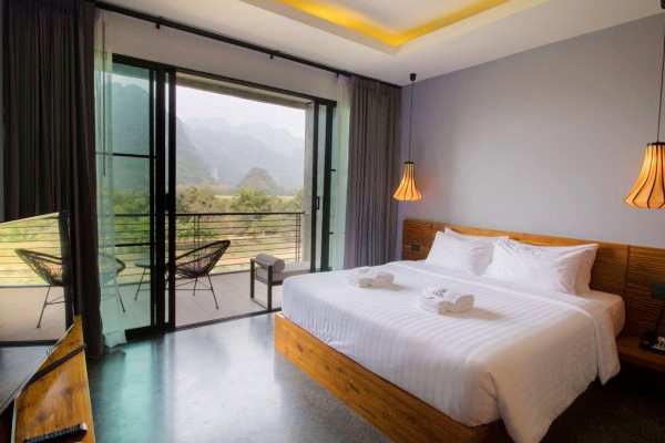 Room at the Inthira Vang Vieng hotel in Laos. Click to enlarge.