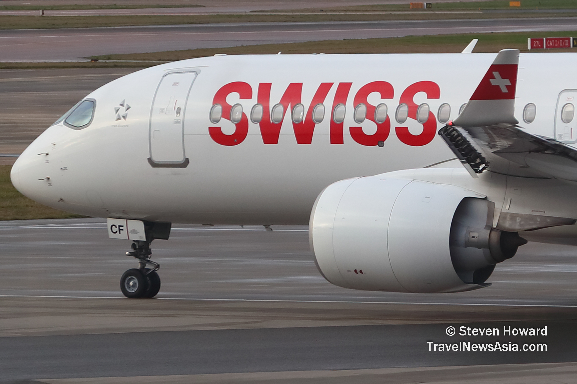 Swiss A220-300 reg: HB-JCF. Picture by Steven Howard of TravelNewsAsia.com Click to enlarge.